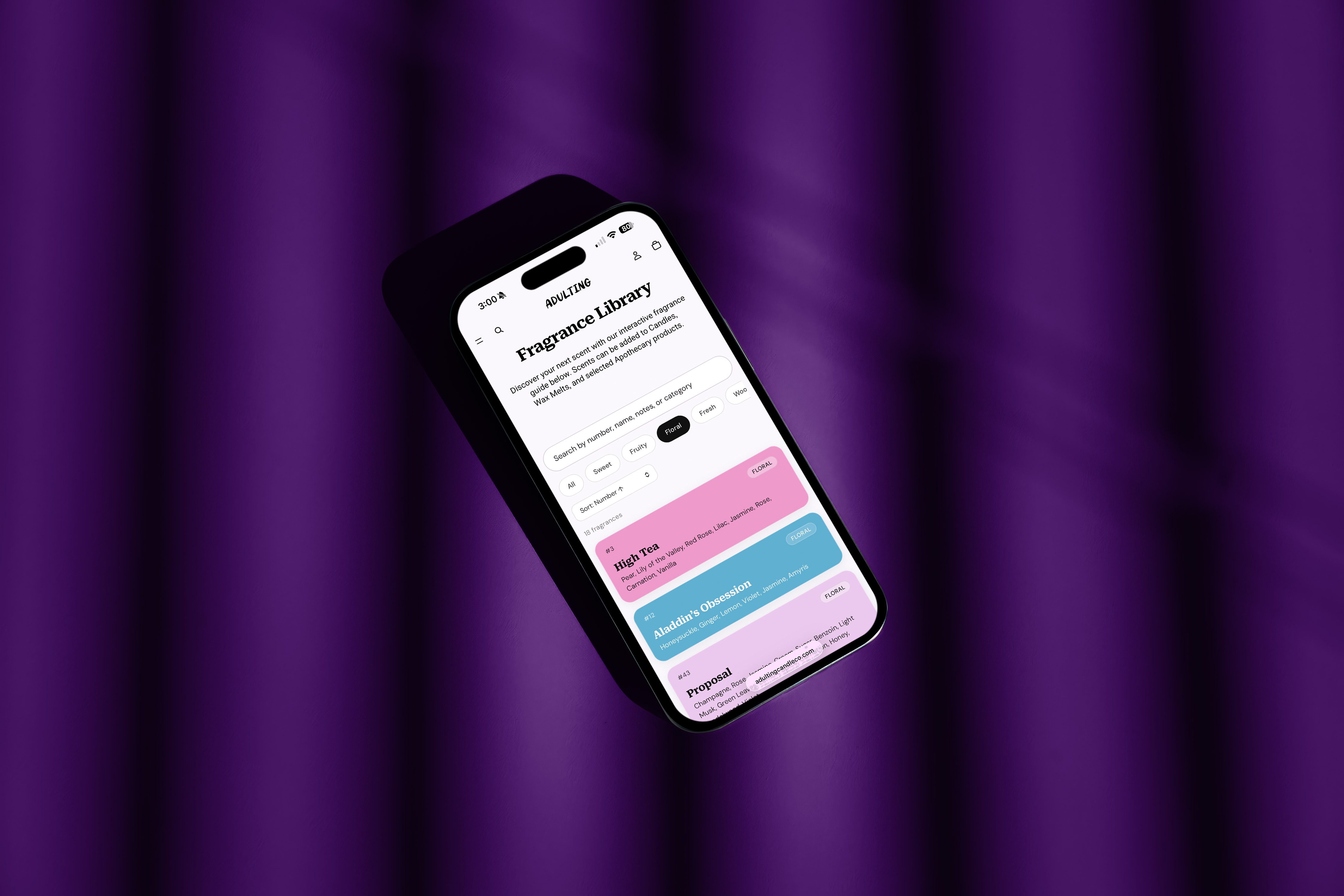 Adulting Candle Co. fragrance library on a phone